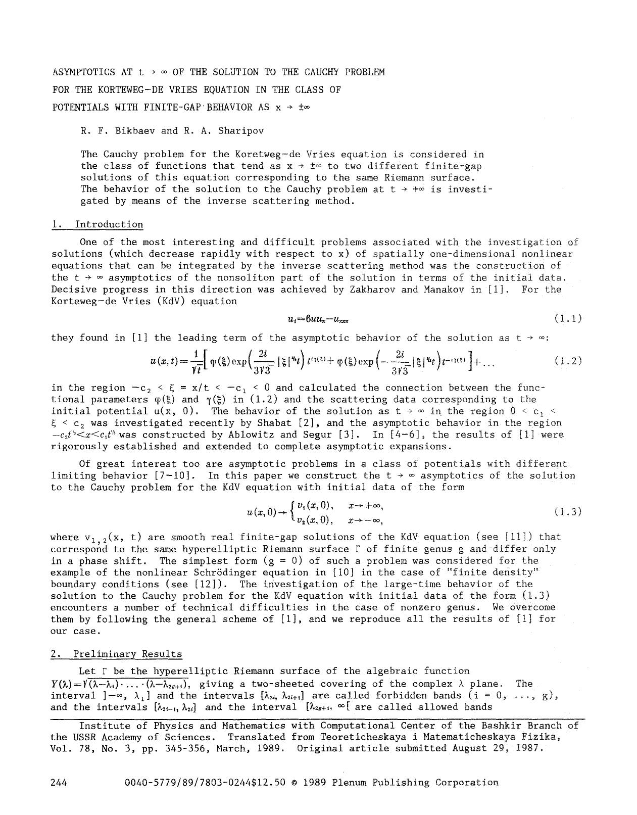 Asymptotics at t&#x2192;&#x221E; of the solution to the Cauchy problem for the Korteweg-de Vries equation in the class of potentials with finite-gap behavior as x&#x2192;&#x00B1;&#x221E; by Unknown