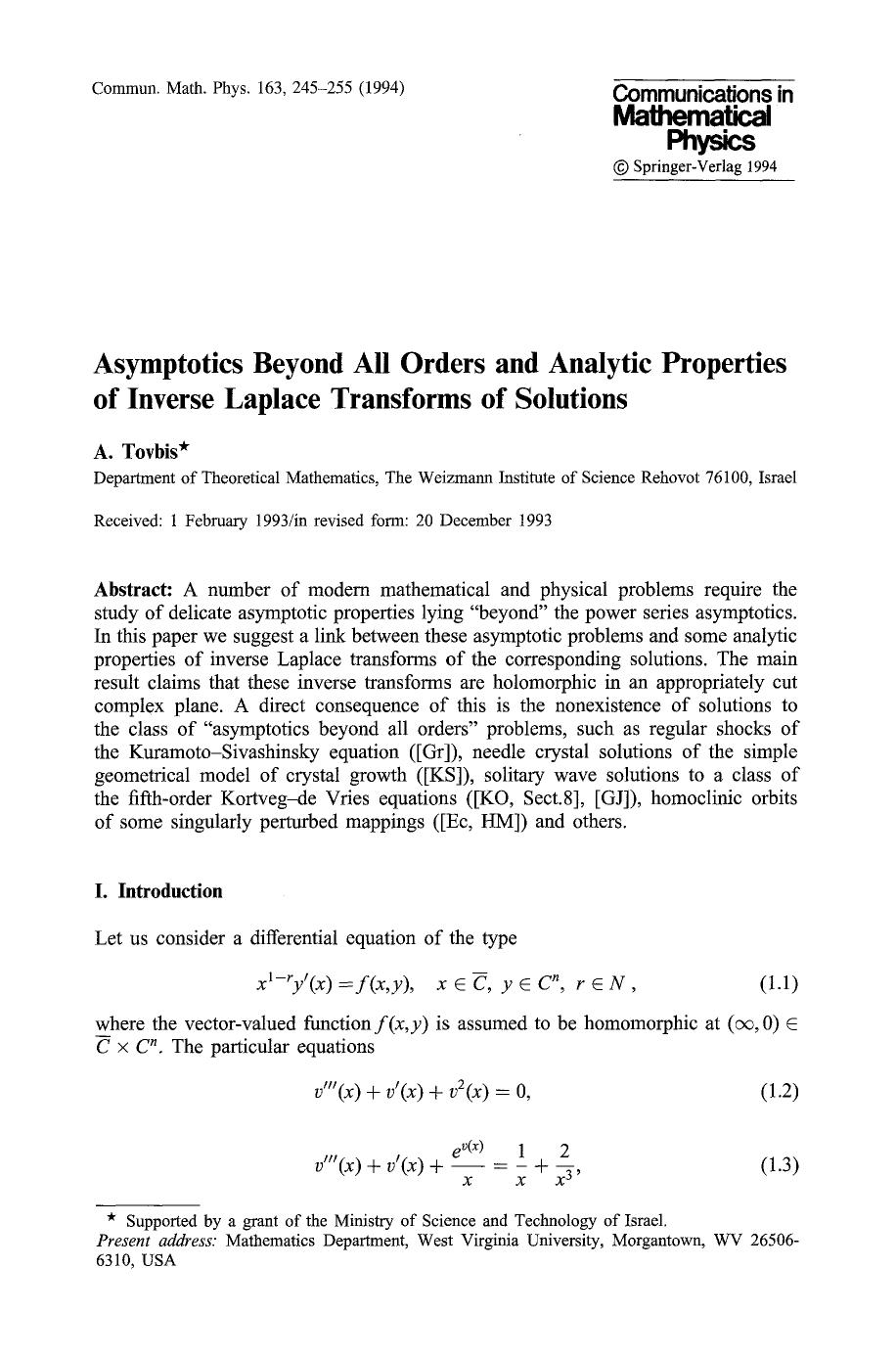 Asymptotics beyond all orders and analytic properties of inverse Laplace transforms of solutions by Unknown