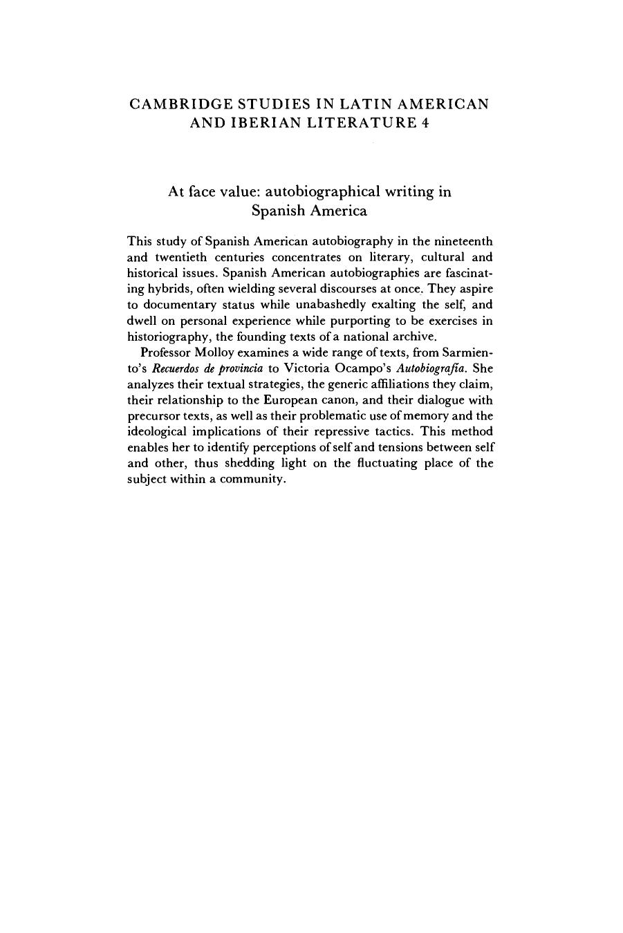 At Face Value: Autobiographical Writing in Spanish America by Sylvia Molloy