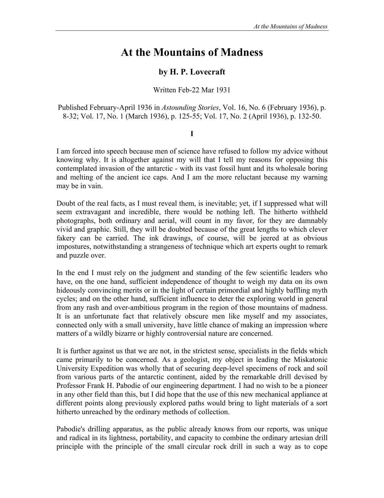 At the Mountains of Madness by H. P. Lovecraft