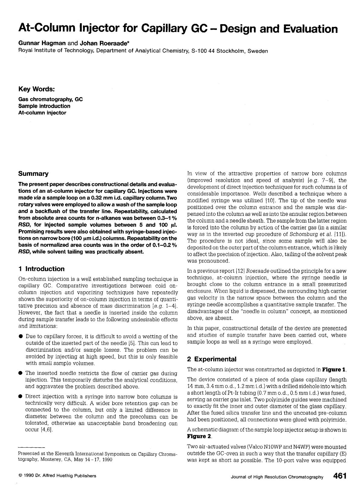 At-column injector for capillary GC - design and evaluation by Unknown