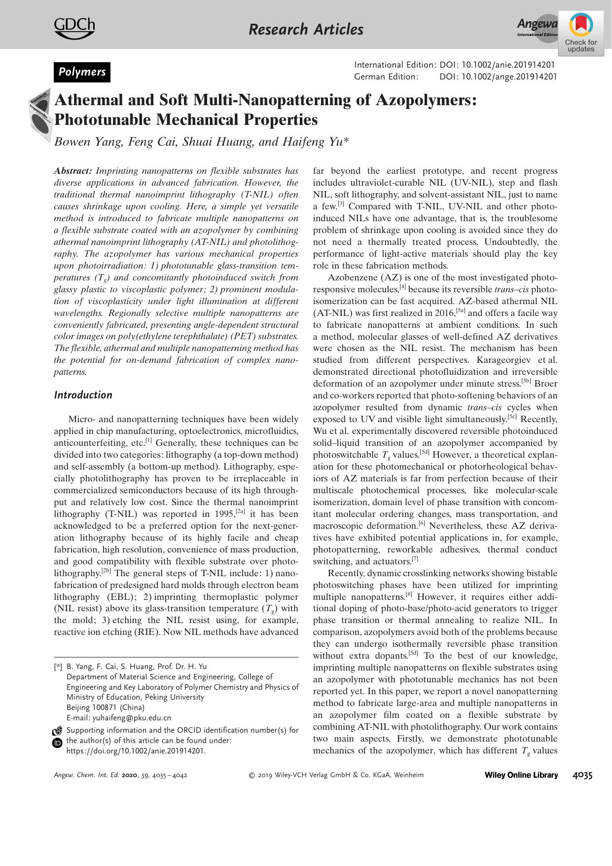 Athermal and Soft MultiâNanopatterning of Azopolymers: Phototunable Mechanical Properties by Unknown