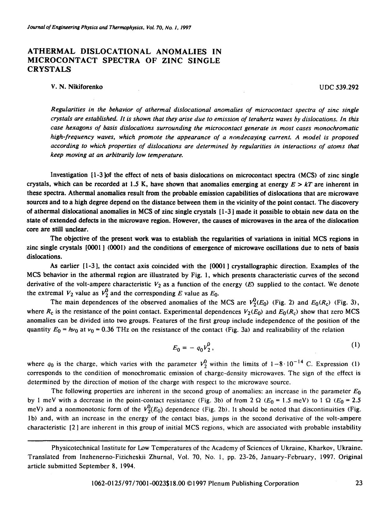 Athermal dislocational anomalies in microcontact spectra of zinc single crystals by Unknown