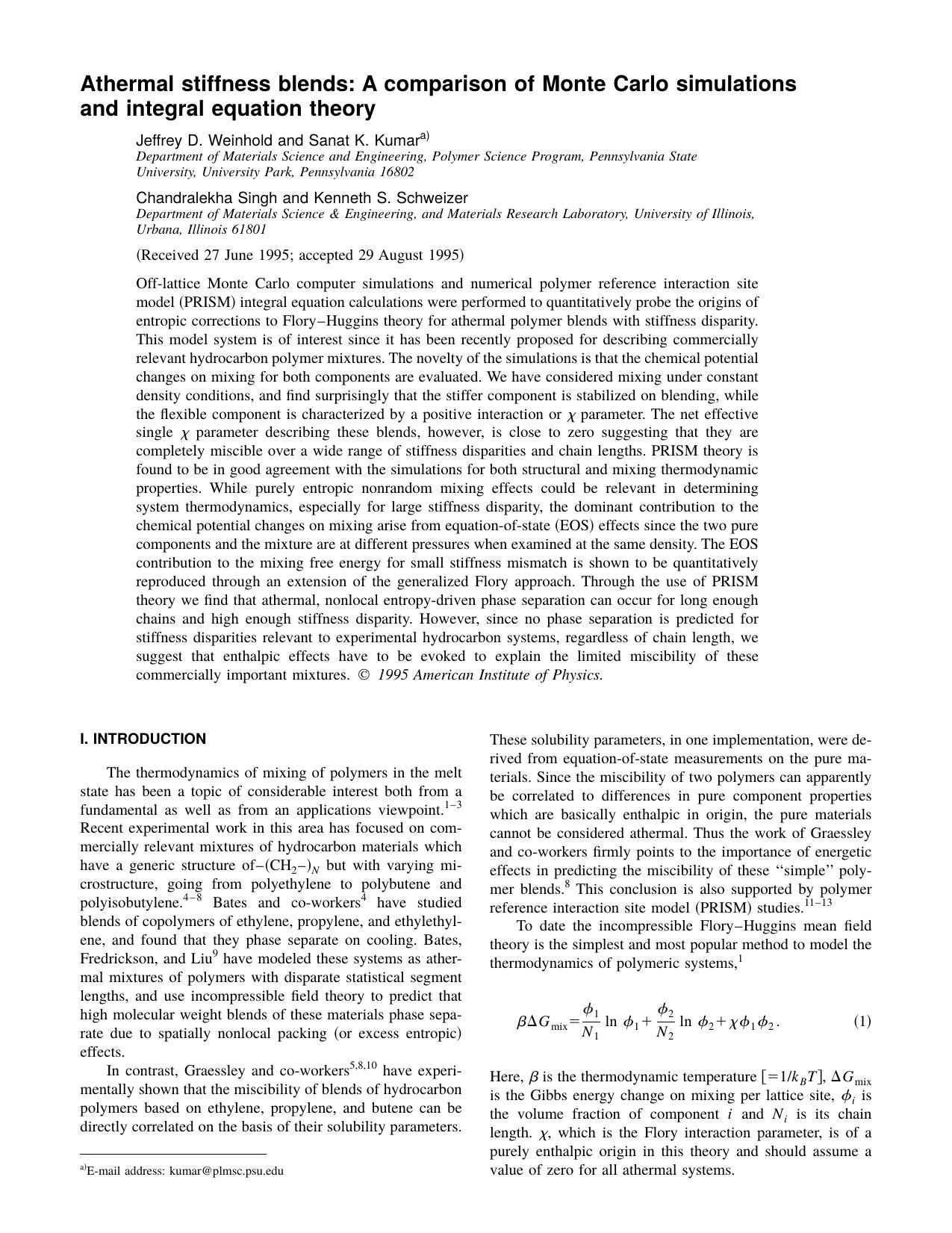 Athermal stiffness blends: A comparison of Monte Carlo simulations and integral equation theory by Jeffrey D. Weinhold and Sanat K. Kumar & Chandralekha Singh and Kenneth S. Schweizer