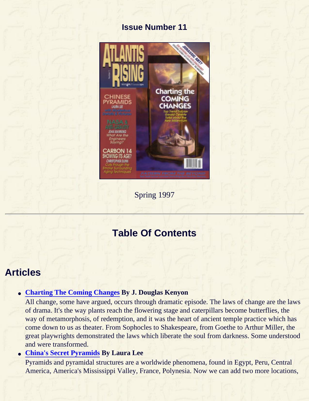 Atlantis Rising Table Of Contents Issue #11 by Unknown