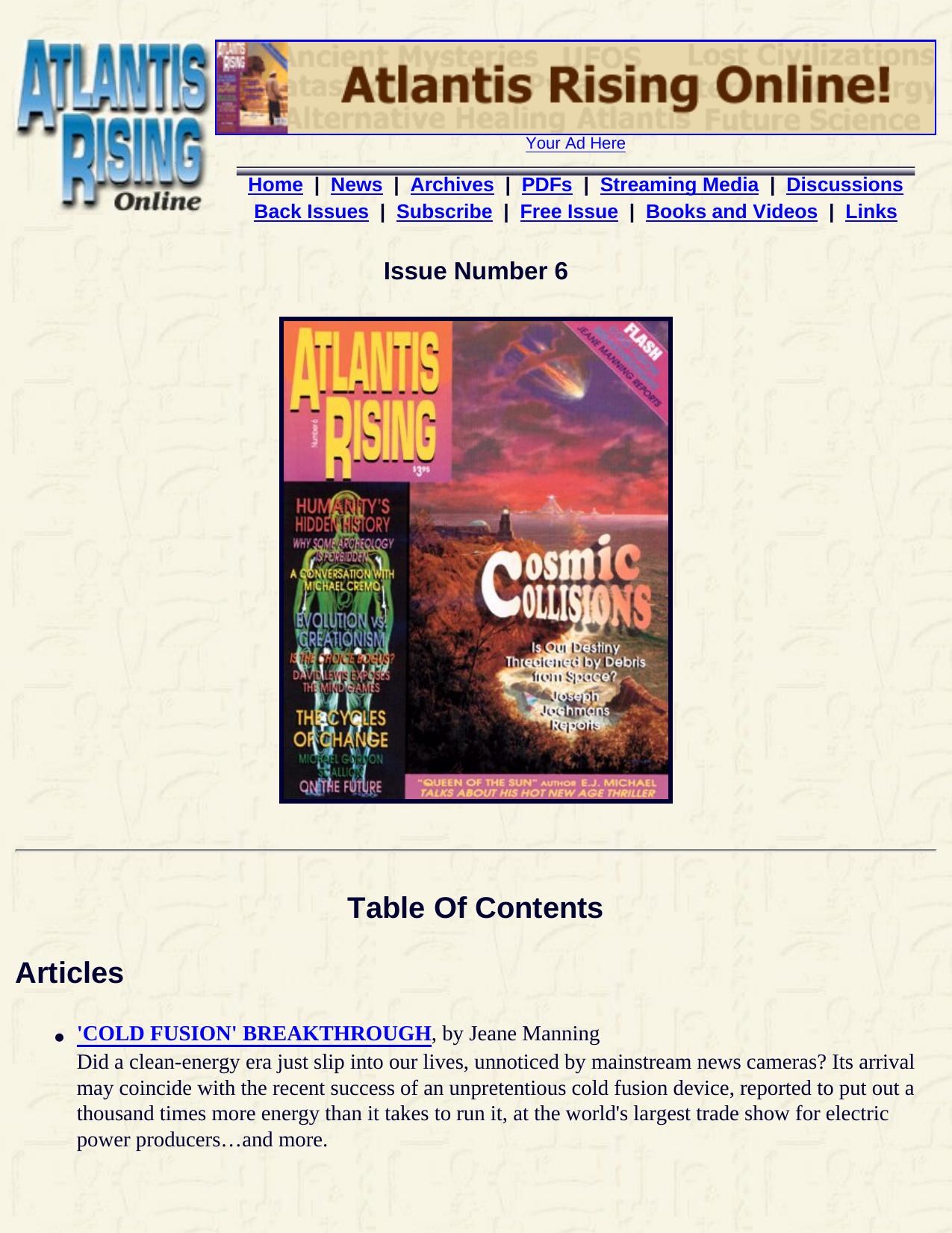 Atlantis Rising Table Of Contents Issue #6 by Unknown