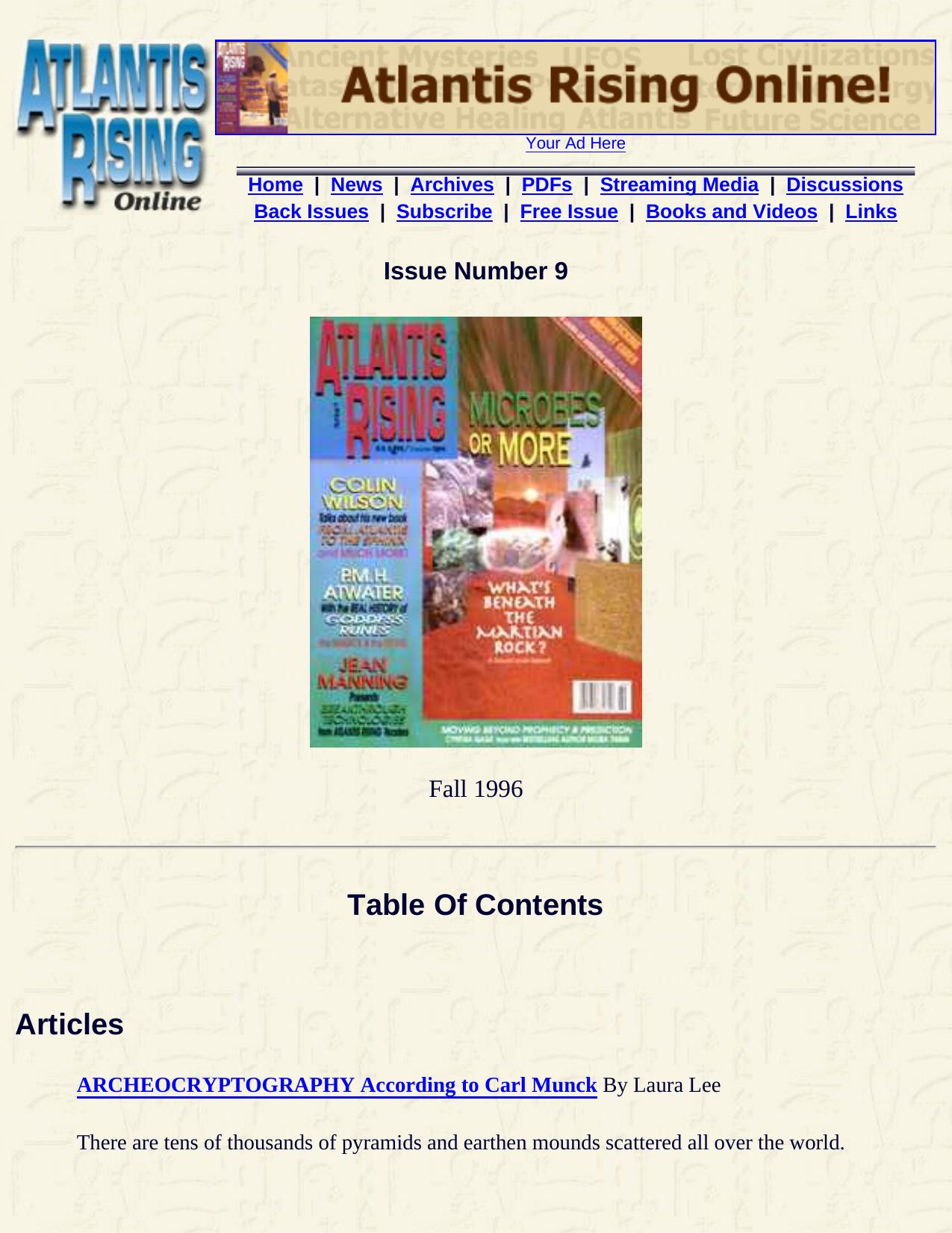 Atlantis Rising Table Of Contents Issue #9 by Unknown