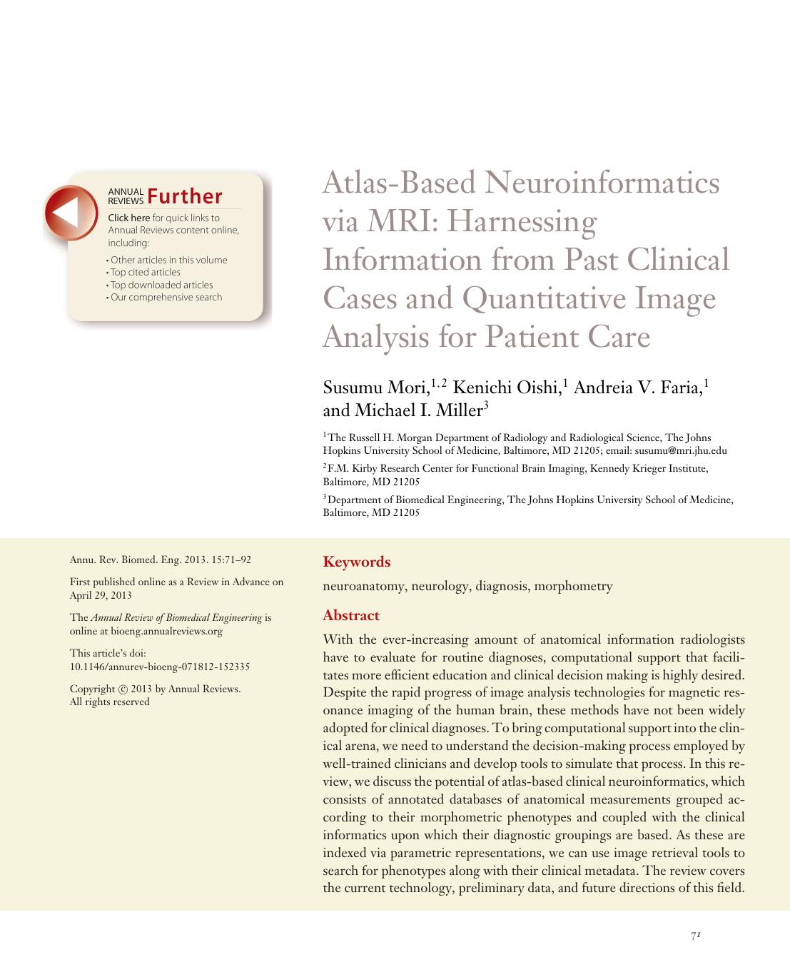 Atlas-Based Neuroinformatics via MRI: Harnessing Information from Past Clinical Cases and Quantitative Image Analysis for Patient Care by Susumu Mori Kenichi Oishi Andreia V. Faria Michael I. Miller