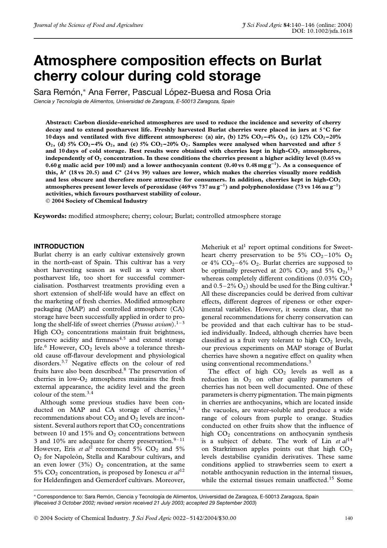 Atmosphere composition effects on Burlat cherry colour during cold storage by Unknown