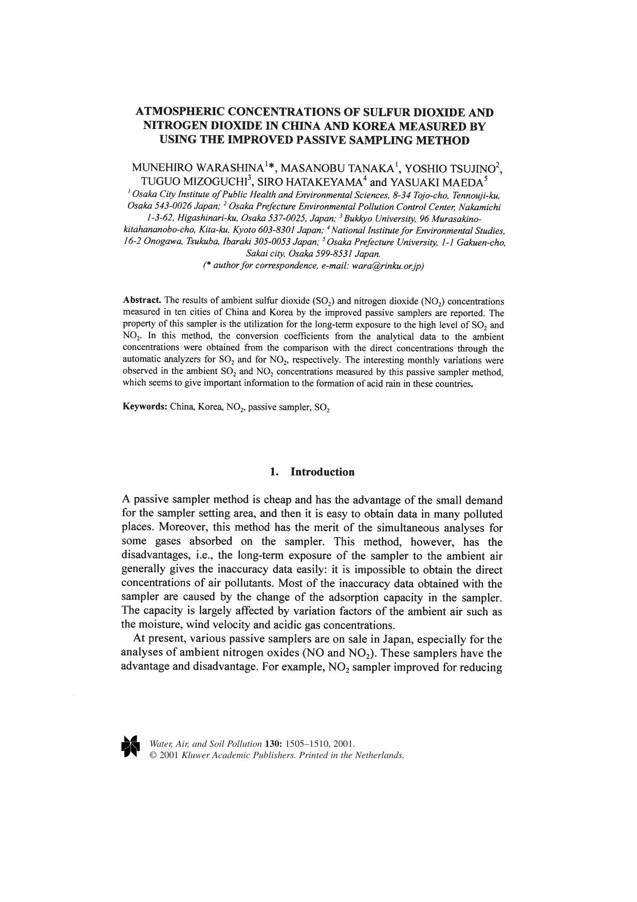 Atmospheric Concentrations of Sulfur Dioxide and Nitrogen Dioxide in China and Korea Measured by Using the Improved Passive Sampling Method by Unknown