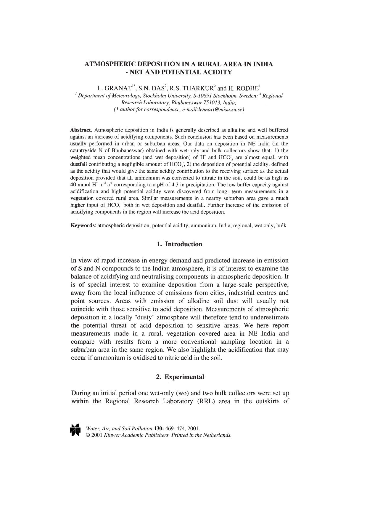 Atmospheric Deposition in a Rural Area in India - Net and Potential Acidity by Unknown