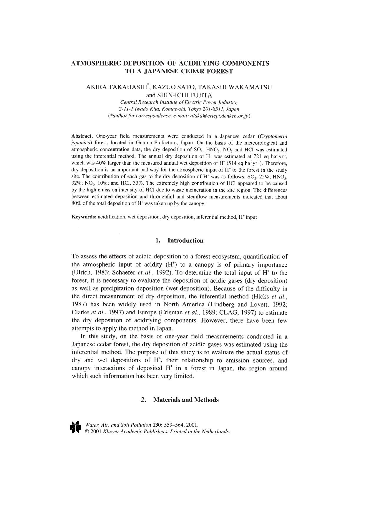 Atmospheric Deposition of Acidifying Components to a Japanese Cedar Forest by Unknown