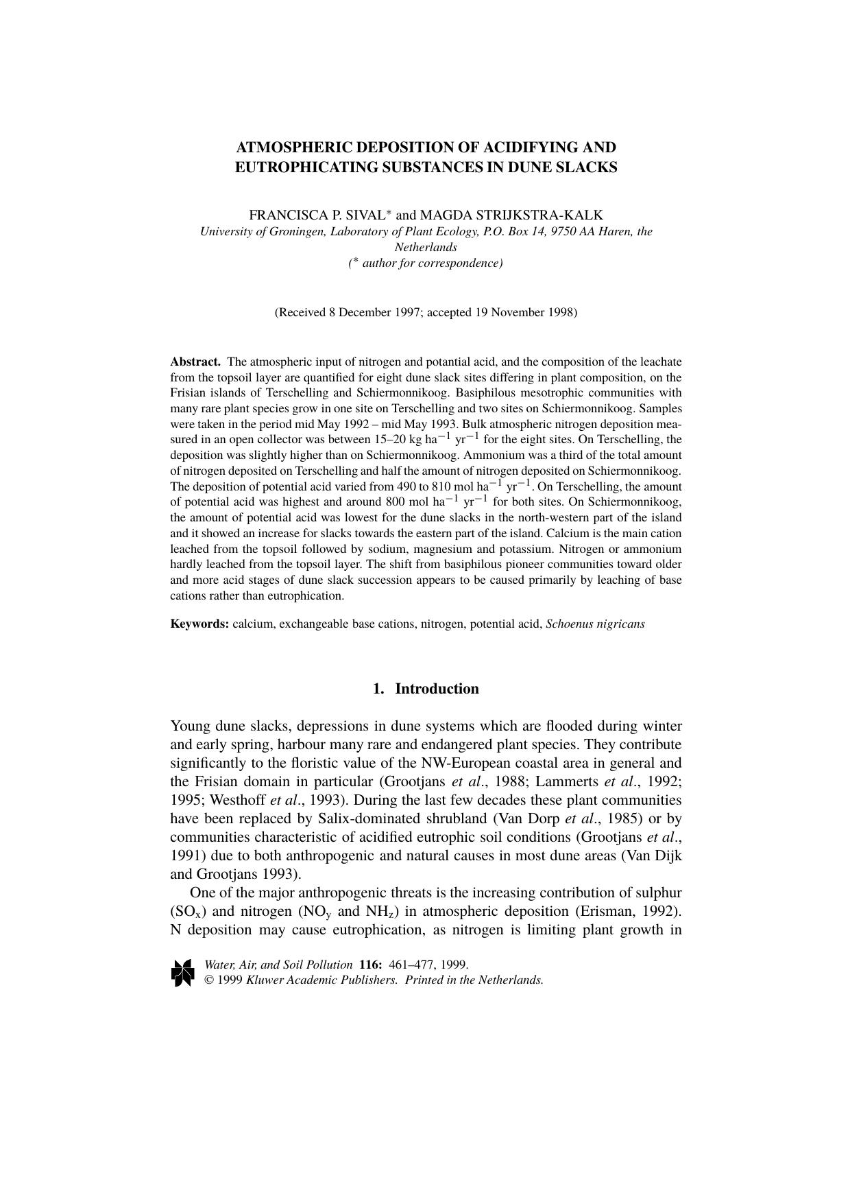 Atmospheric Deposition of Acidifying and Eutrophicating Substances in Dune Slacks by Unknown