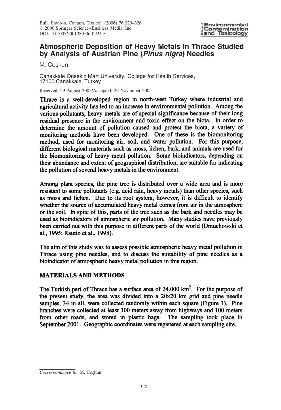 Atmospheric Deposition of Heavy Metals in Thrace Studied by Analysis of Austrian Pine (Pinus nigra) Needles by Coskun & M. et al