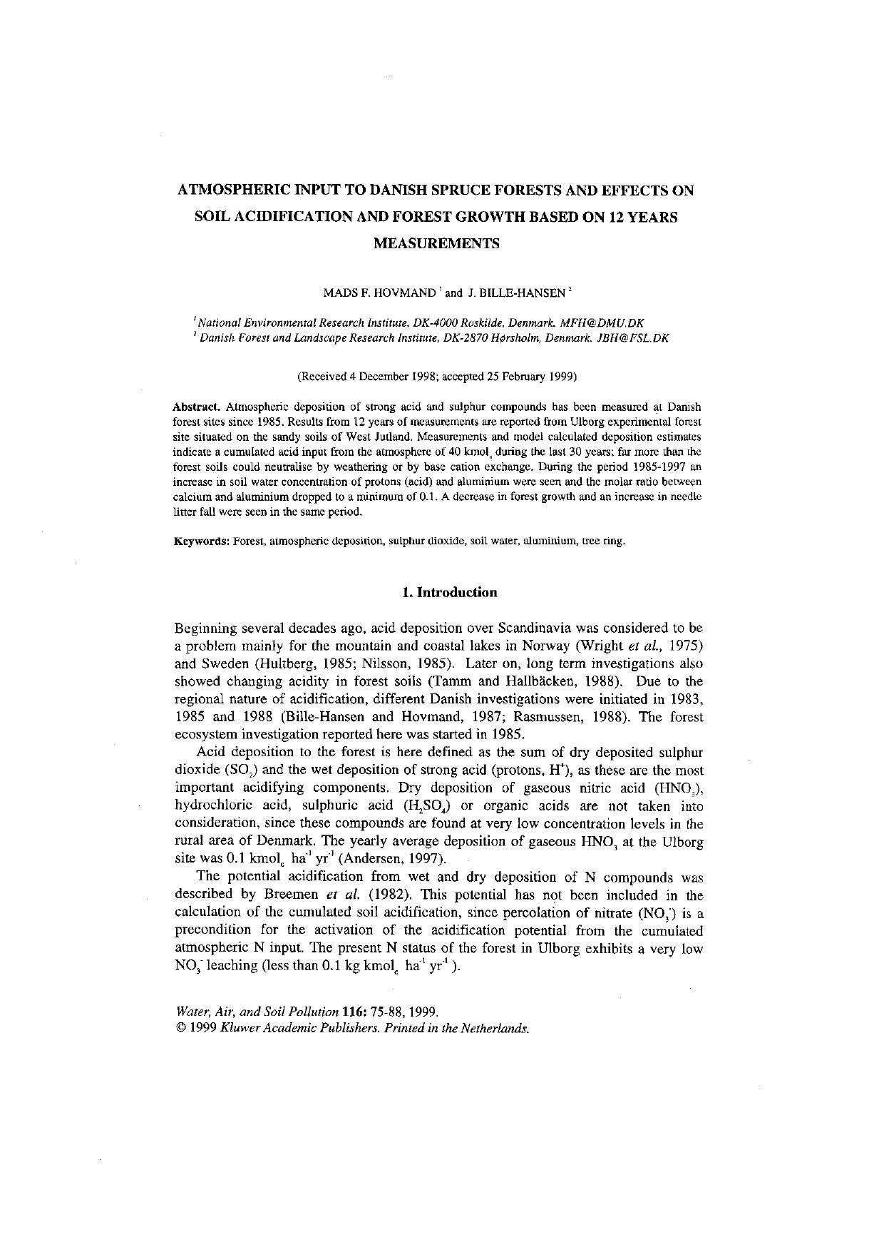 Atmospheric Input to Danish Spruce Forests and Effects on Soil Acidification and Forest Growth Based on 12 Years Measurements by Unknown