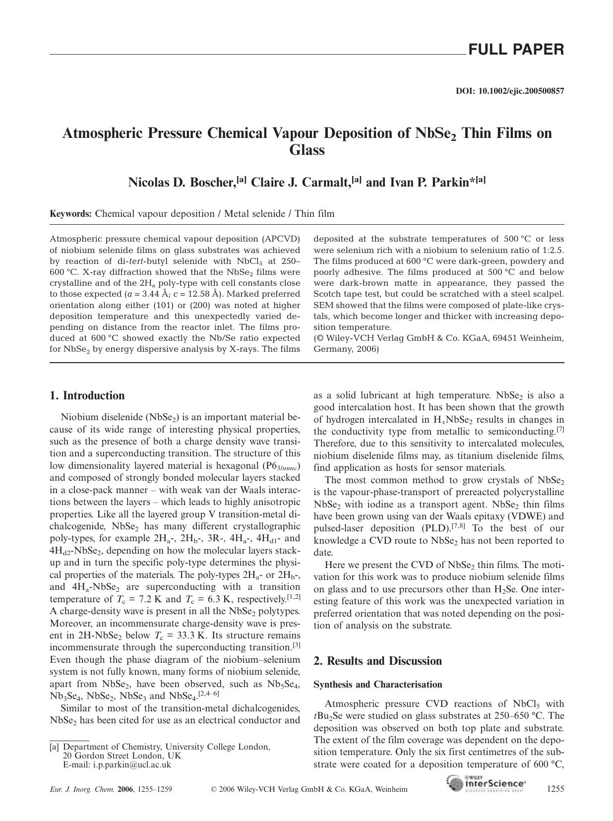 Atmospheric Pressure Chemical Vapour Deposition of NbSe2 Thin Films on Glass by Unknown