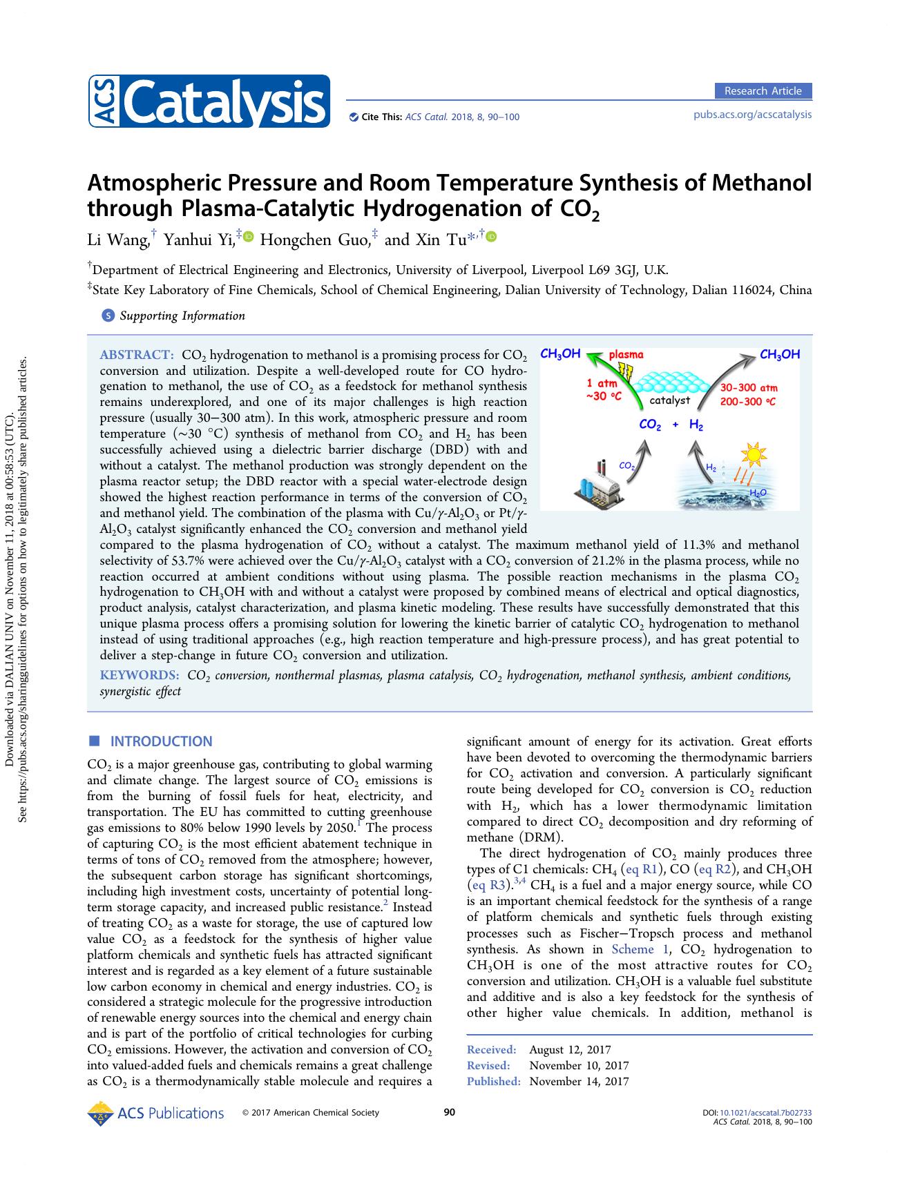Atmospheric Pressure and Room Temperature Synthesis of Methanol through Plasma-Catalytic Hydrogenation of CO2 by Li Wang Yanhui Yi Hongchen Guo & Xin Tu