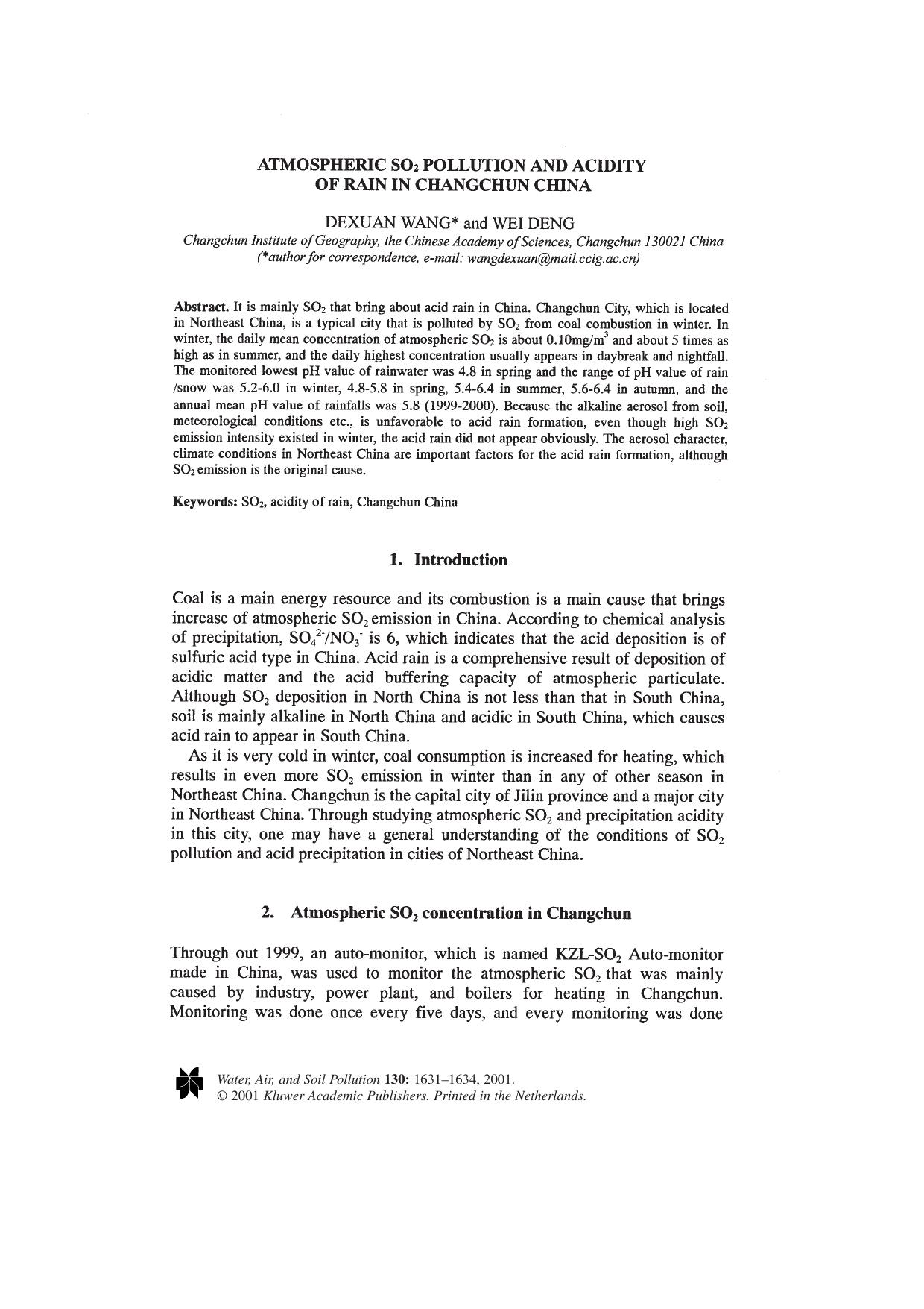 Atmospheric SO<Subscript>2<Subscript> Pollution and Acidity of Rain in Changchun China by Unknown