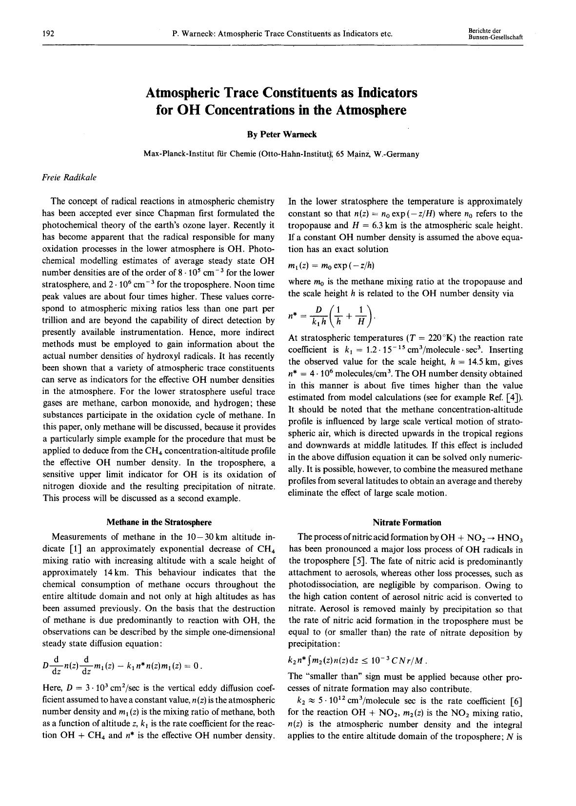 Atmospheric Trace Constituents as Indicators for OH Concentrations in the Atmosphere by Unknown