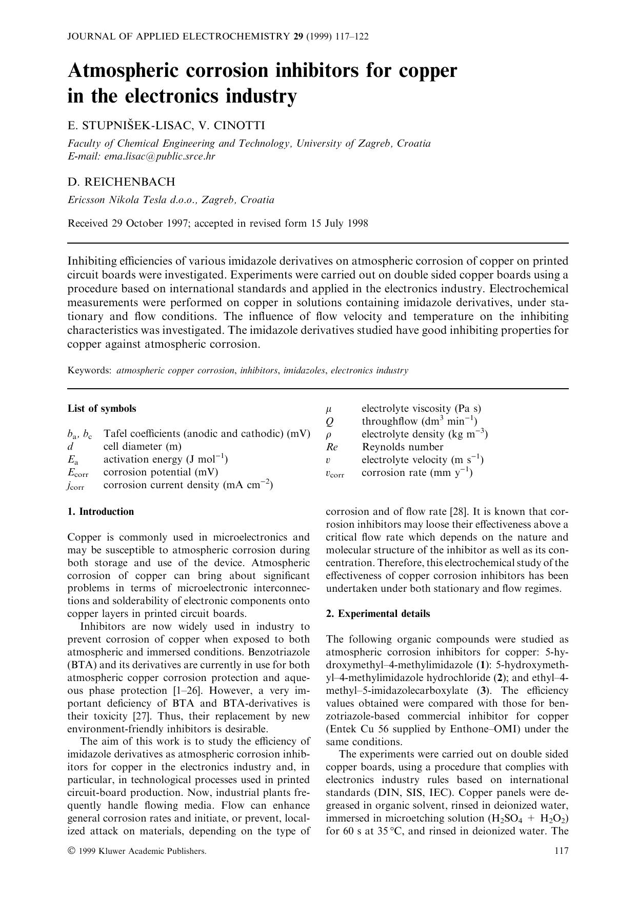Atmospheric corrosion inhibitors for copperin the electronics industry by Unknown