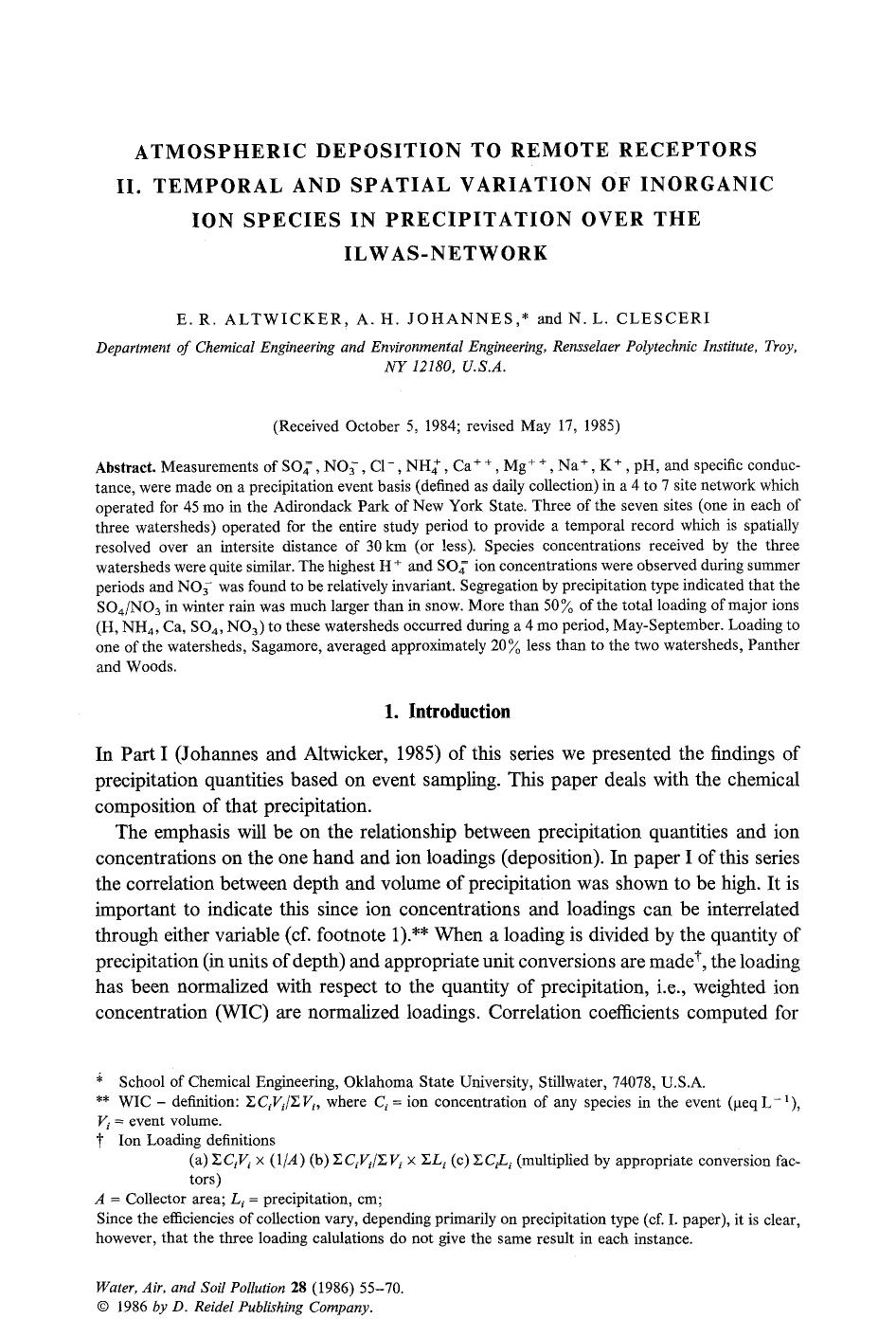 Atmospheric deposition to remote receptors II. Temporal and spatial variation of inorganic ion species in precipitation over the Ilwas-network by Unknown