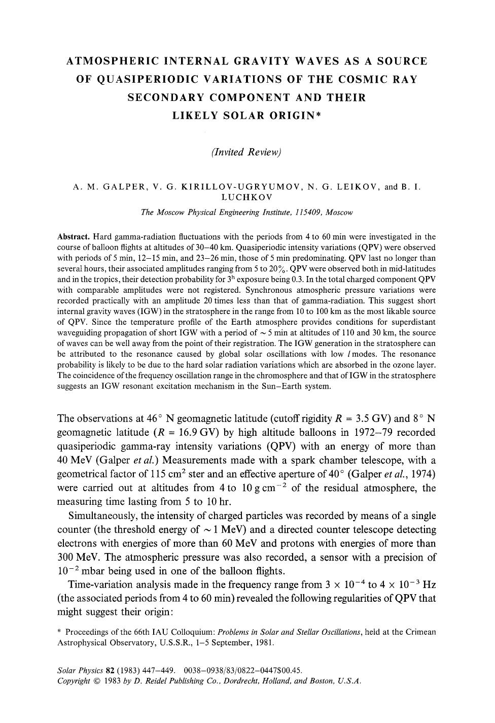 Atmospheric internal gravity waves as a source of quasiperiodic variations of the cosmic ray secondary component and their likely solar origin by Unknown