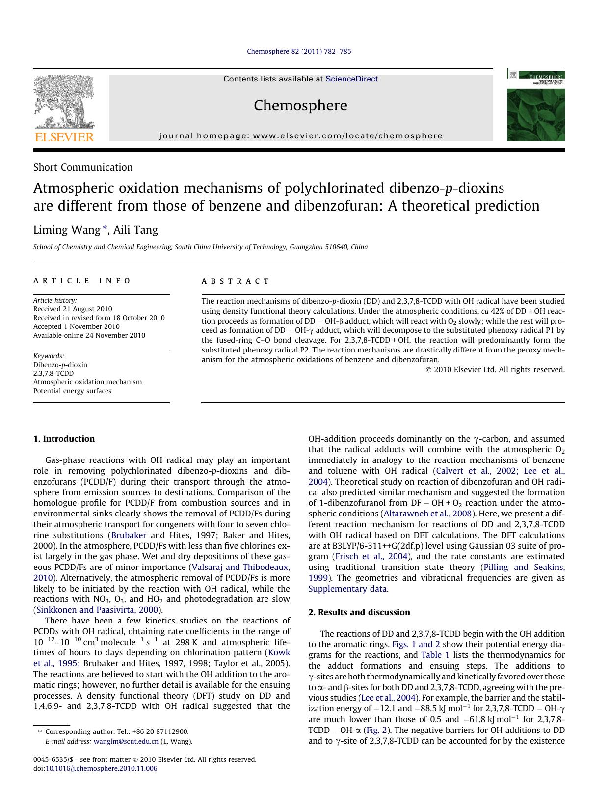 Atmospheric oxidation mechanisms of polychlorinated dibenzo-p-dioxins are different from those of benzene and dibenzofuran: A theoretical prediction by Liming Wang & Aili Tang