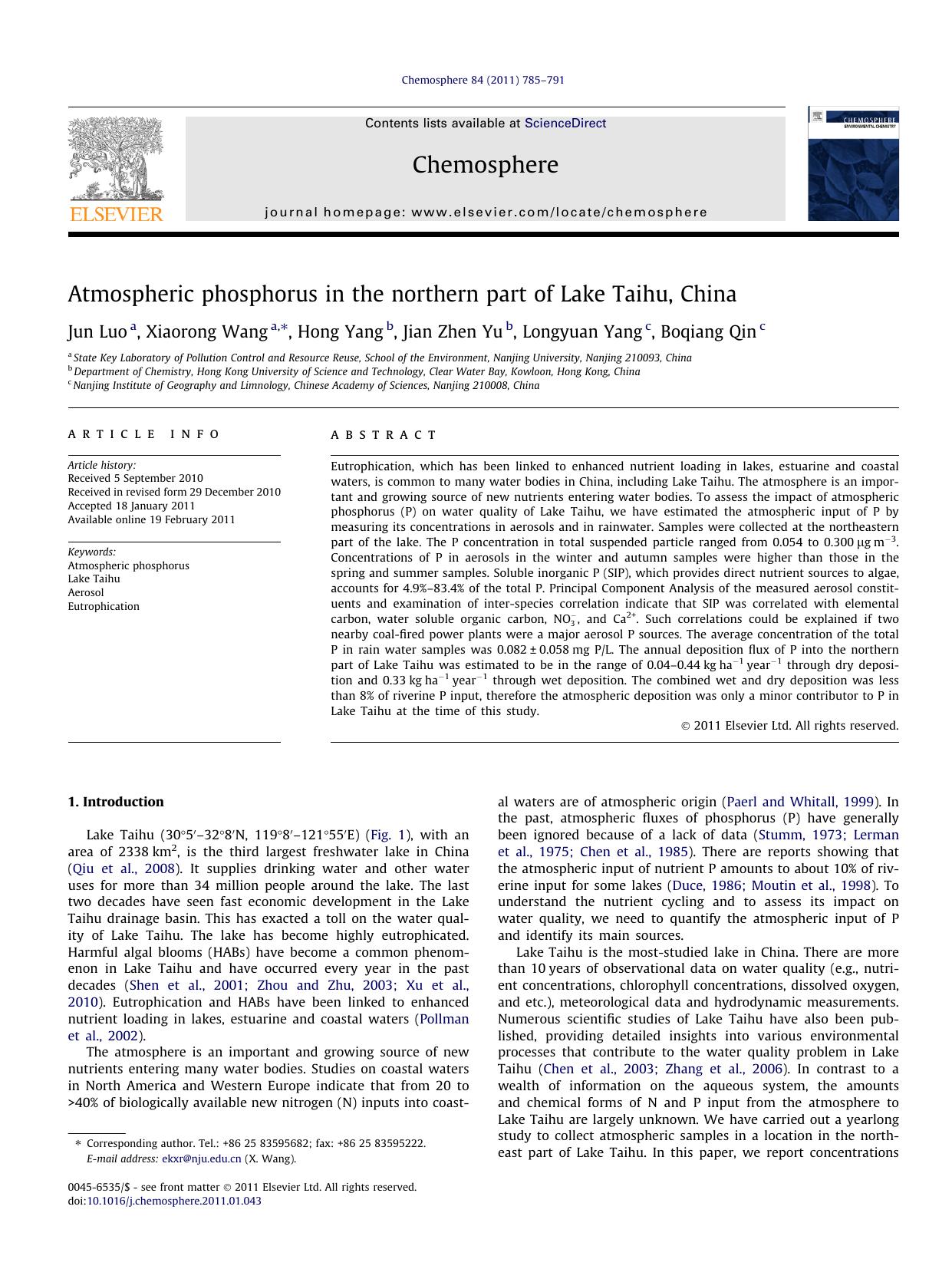 Atmospheric phosphorus in the northern part of Lake Taihu, China by Jun Luo & Xiaorong Wang & Hong Yang & Jian Zhen Yu & Longyuan Yang & Boqiang Qin