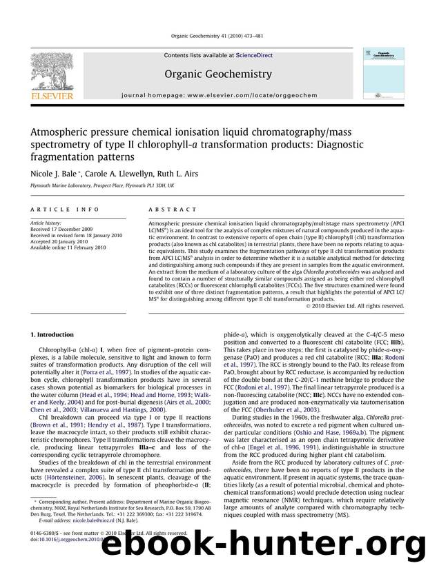 Atmospheric pressure chemical ionisation liquid chromatographymass spectrometry of type II chlorophyll-a transformation products: Diagnostic fragmentation patterns by Nicole J. Bale; Carole A. Llewellyn; Ruth L. Airs