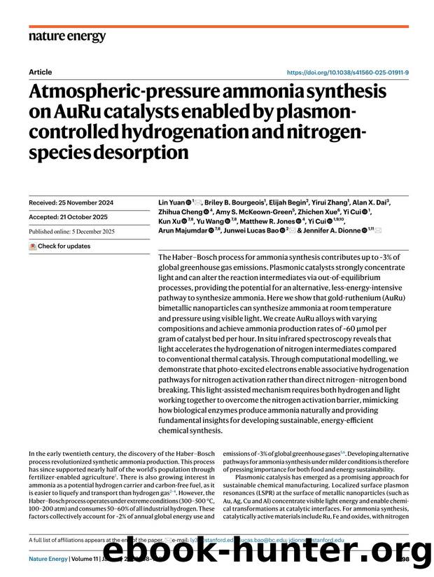 Atmospheric-pressure ammonia synthesis on AuRu catalysts enabled by plasmon-controlled hydrogenation and nitrogen-species desorption by unknow