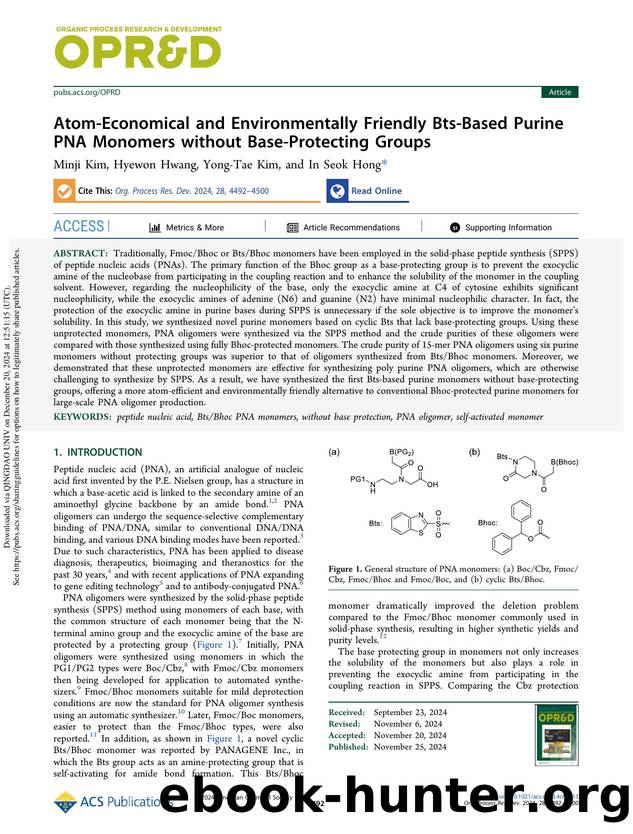 Atom-Economical and Environmentally Friendly Bts-Based Purine PNA Monomers without Base-Protecting Groups by Minji Kim Hyewon Hwang Yong-Tae Kim & In Seok Hong