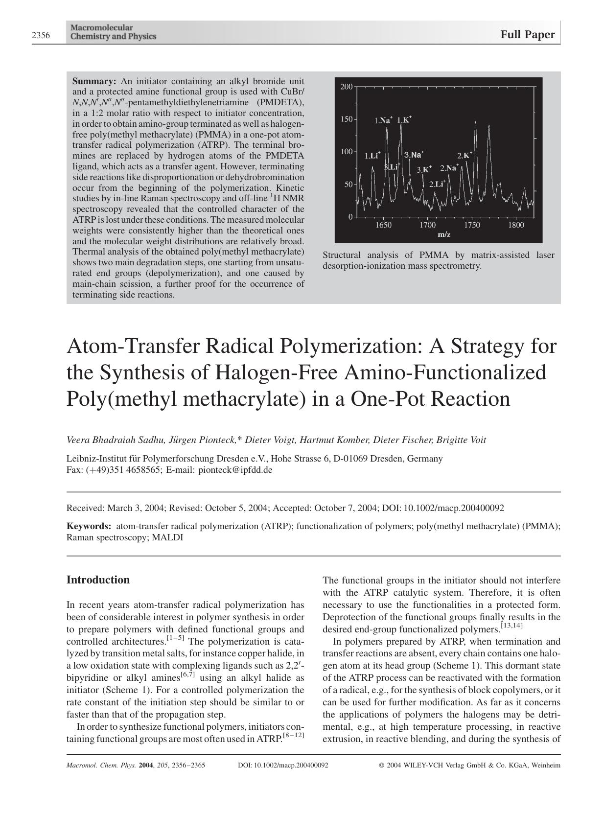 Atom-Transfer Radical Polymerization: A Strategy for the Synthesis of Halogen-Free Amino-Functionalized Poly(methyl methacrylate) in a One-Pot Reaction by Unknown