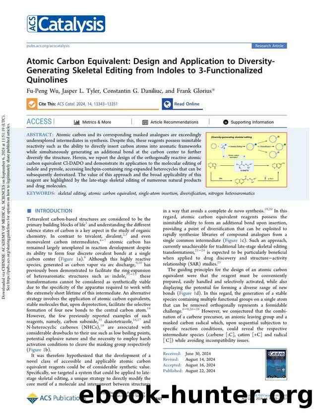 Atomic Carbon Equivalent: Design and Application to Diversity-Generating Skeletal Editing from Indoles to 3-Functionalized Quinolines by Fu-Peng Wu Jasper L. Tyler Constantin G. Daniliuc & Frank Glorius