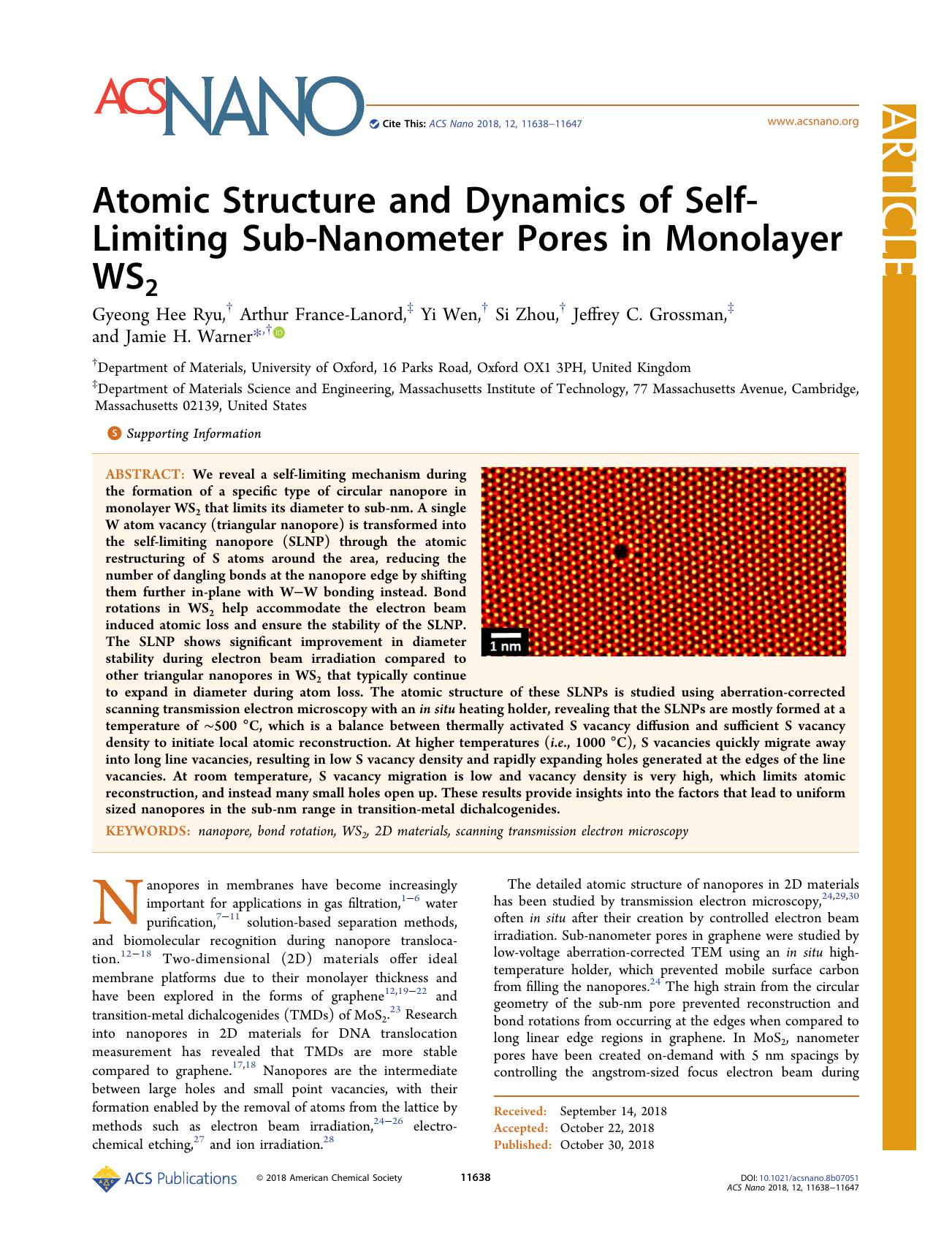 Atomic Structure and Dynamics of Self-Limiting Sub-Nanometer Pores in Monolayer WS2 by Gyeong Hee Ryu Arthur France-Lanord Yi Wen Si Zhou Jeffrey C. Grossman and Jamie H. Warner