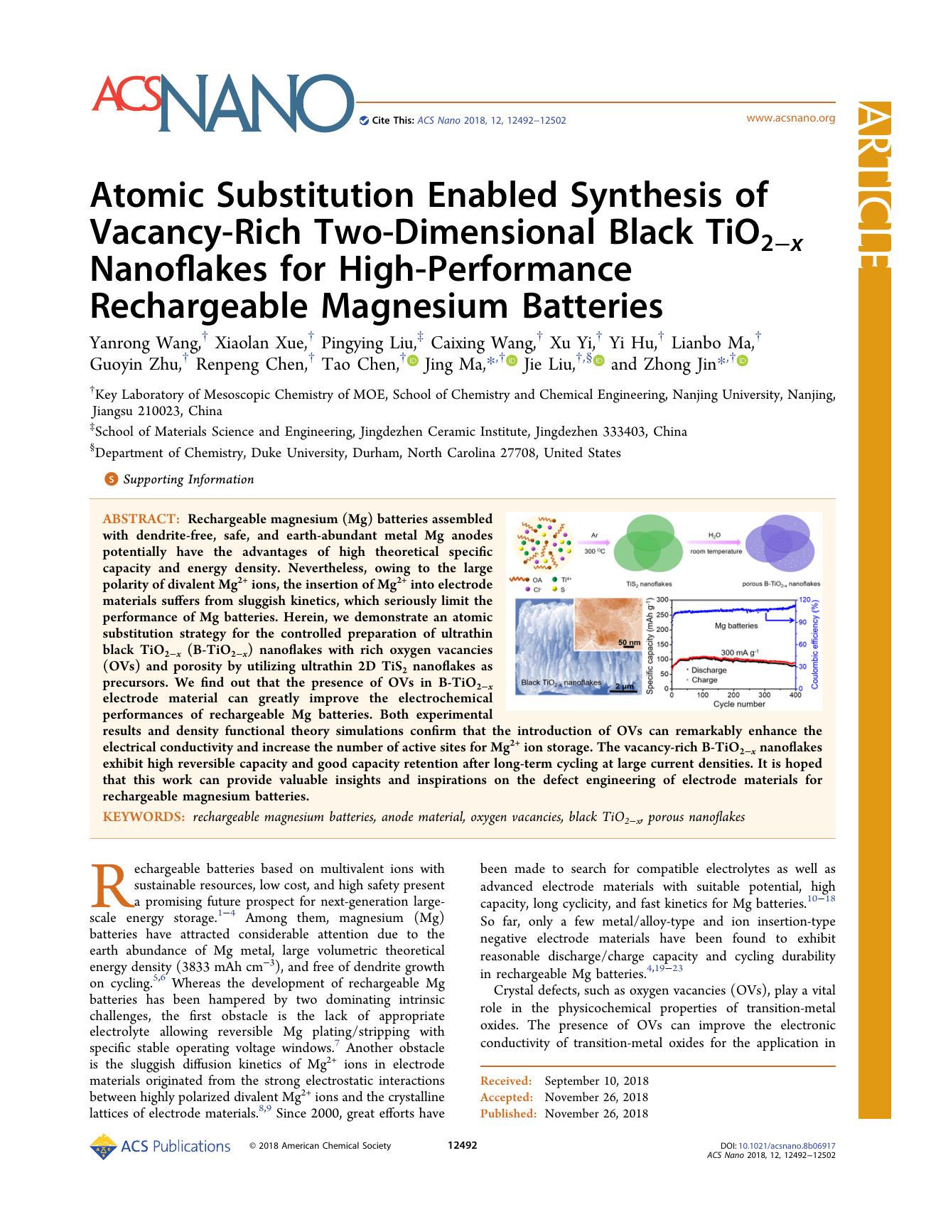 Atomic Substitution Enabled Synthesis of Vacancy-Rich Two-Dimensional Black TiO2âx Nanoflakes for High-Performance Rechargeable Magnesium Batteries by unknow