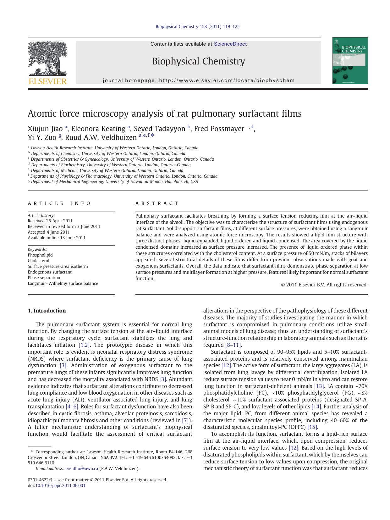 Atomic force microscopy analysis of rat pulmonary surfactant films by Xiujun Jiao & Eleonora Keating & Seyed Tadayyon & Fred Possmayer & Yi Y. Zuo & Ruud A.W. Veldhuizen