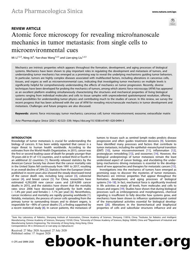 Atomic force microscopy for revealing micronanoscale mechanics in tumor metastasis: from single cells to microenvironmental cues by Mi Li & Ning Xi & Yue-chao Wang & Lian-qing Liu
