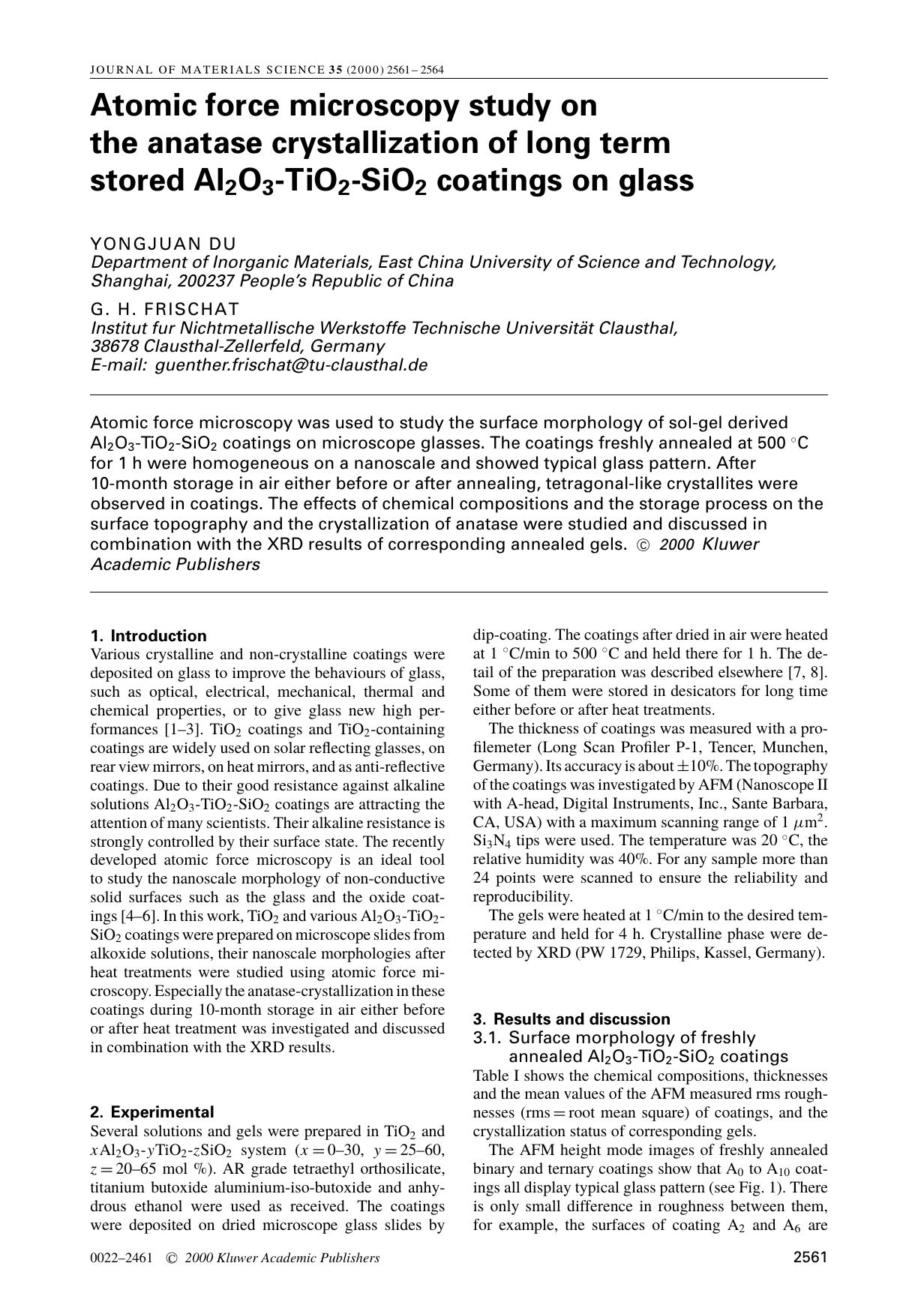 Atomic force microscopy study on the anatase crystallization of long term stored Al2O3-TiO2-SiO2 coatings on glass by Unknown