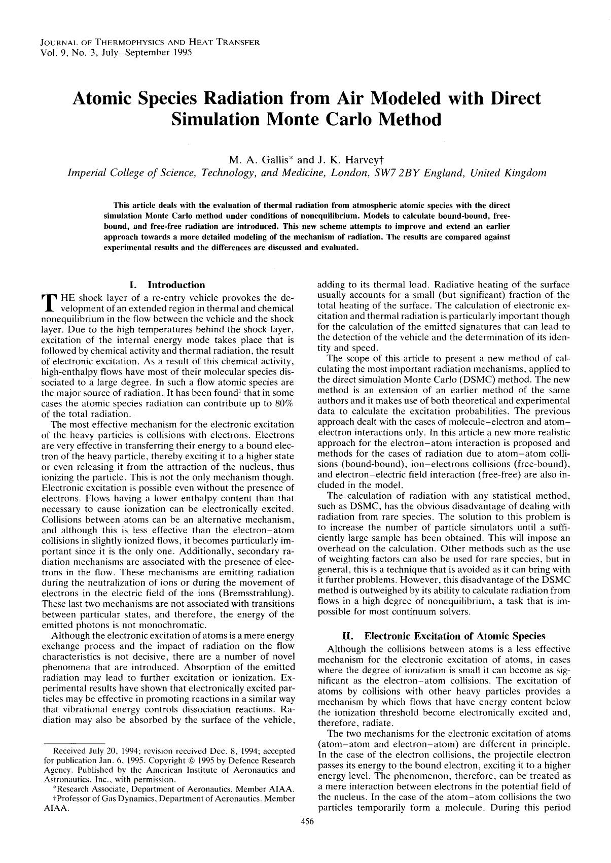 Atomic species radiation from air modeled with direct simulation Monte Carlo method by Unknown