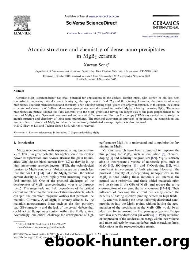 Atomic structure and chemistry of dense nano-precipitates in MgB2 ceramic by Xueyan Song