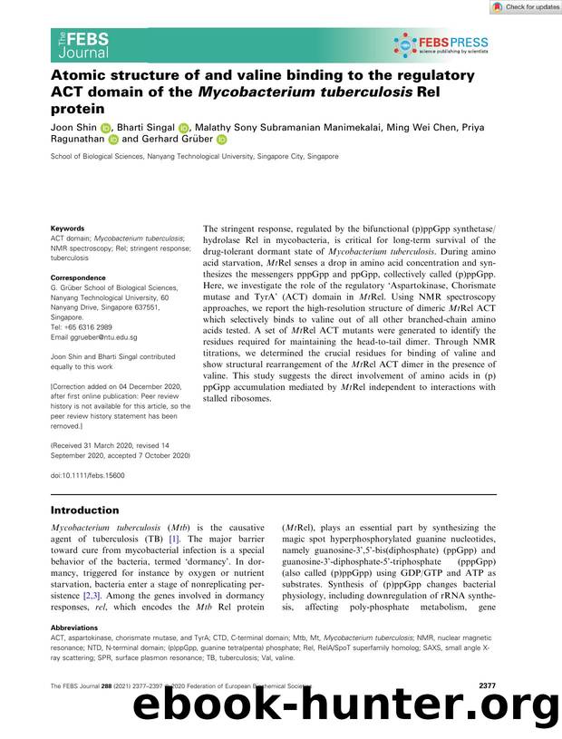 Atomic structure of and valine binding to the regulatory ACT domain of the Mycobacterium tuberculosis Rel protein by Unknown