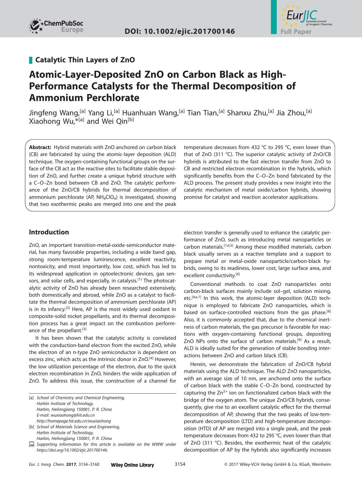 Atomic‐Layer‐Deposited ZnO on Carbon Black as High‐Performance Catalysts for the Thermal Decomposition of Ammonium Perchlorate by Unknown