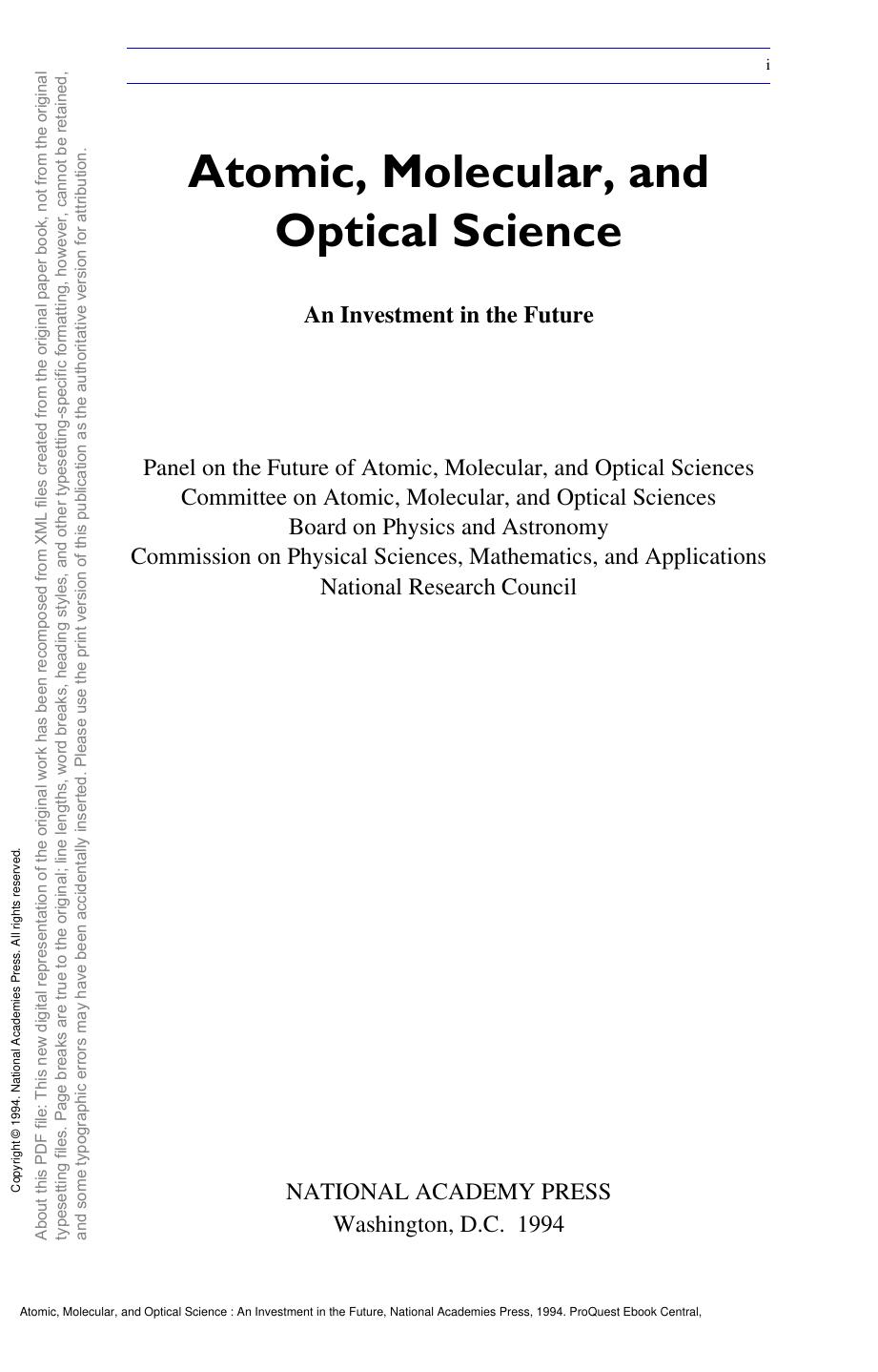 Atomic, Molecular, and Optical Science: An Investment in the Future by unknow