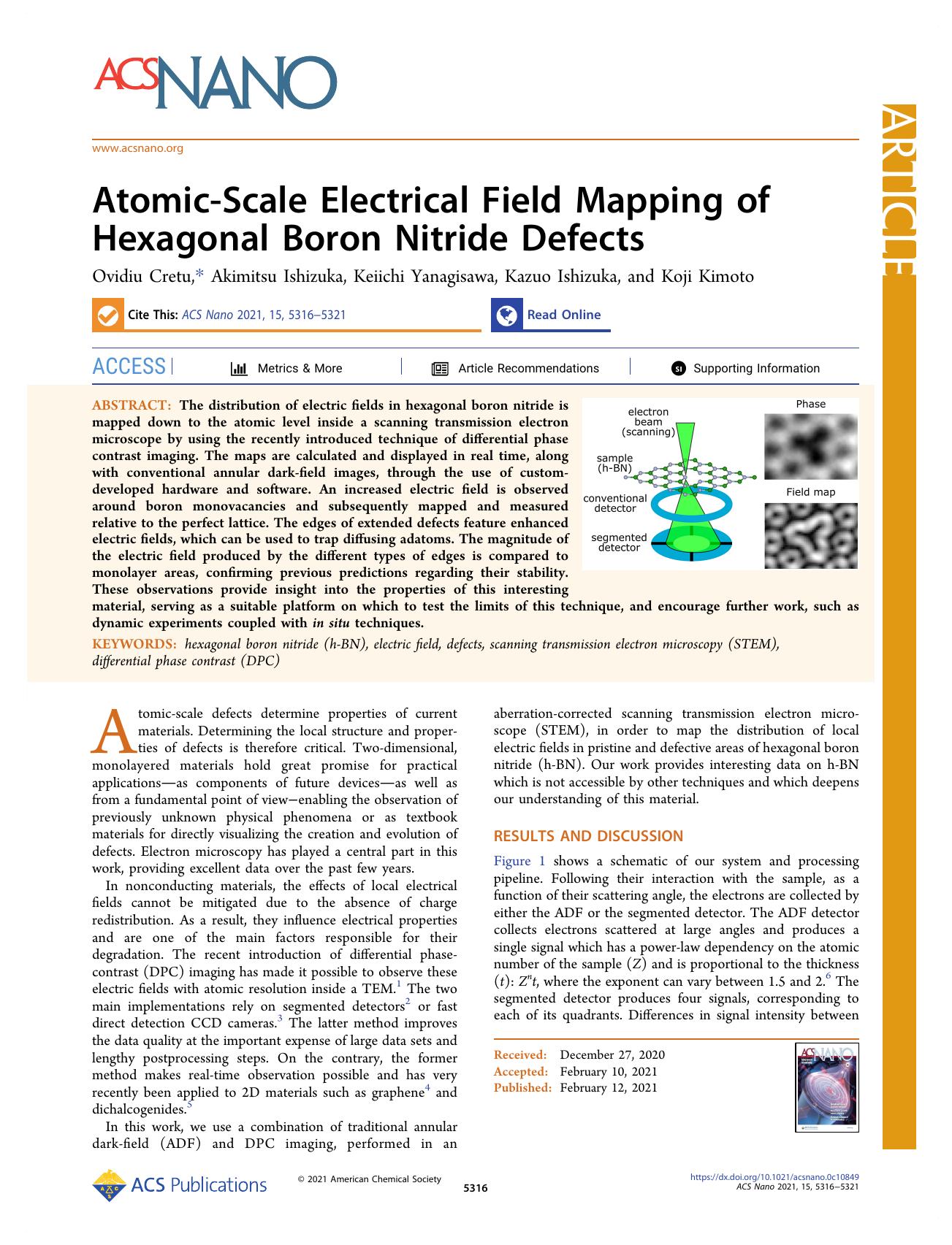 Atomic-Scale Electrical Field Mapping of Hexagonal Boron Nitride Defects by Ovidiu Cretu Akimitsu Ishizuka Keiichi Yanagisawa Kazuo Ishizuka and Koji Kimoto