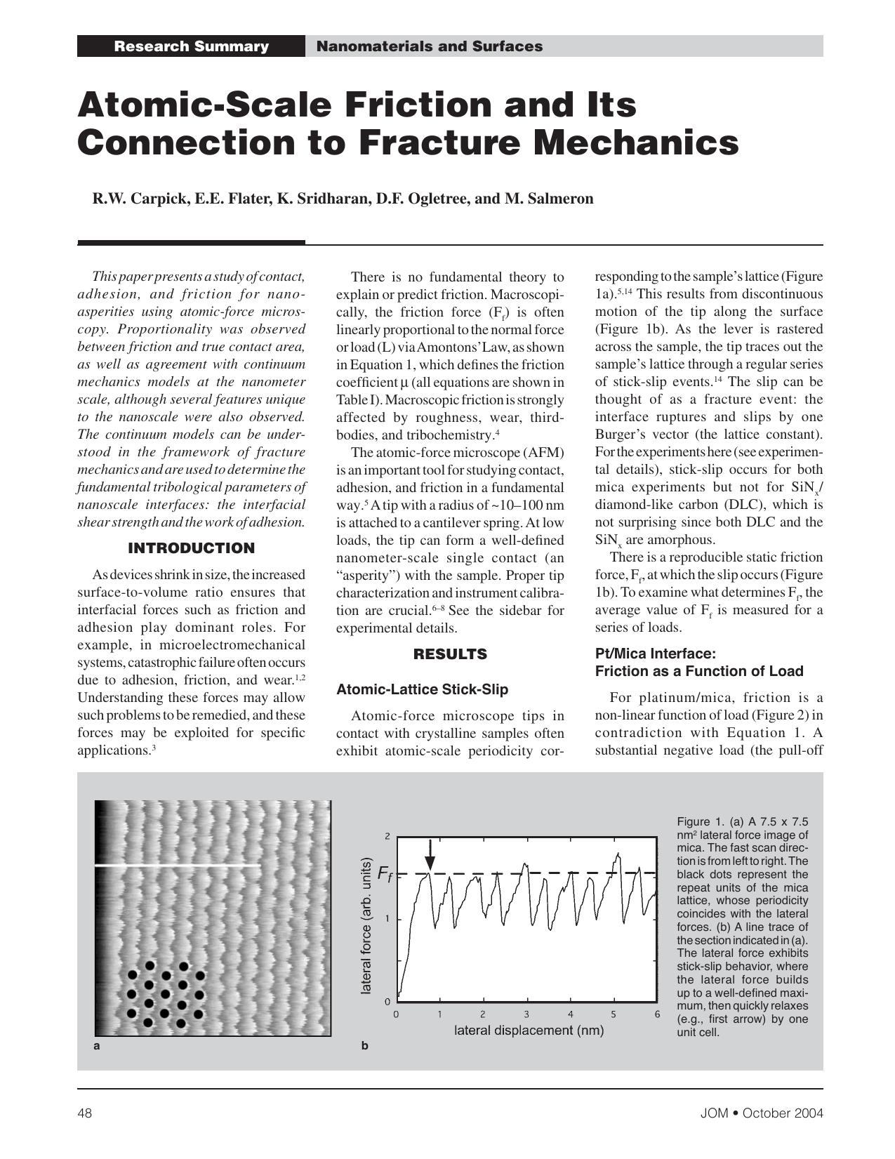 Atomic-Scale Friction and Its Connection to Fracture Mechanics by R.W. Carpick E.E. Flater K. Sridharan D.F. Ogletree and M. Salmeron