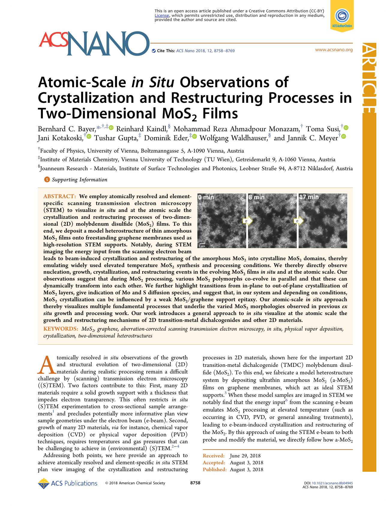 Atomic-Scale in Situ Observations of Crystallization and Restructuring Processes in Two-Dimensional MoS2 Films by unknow