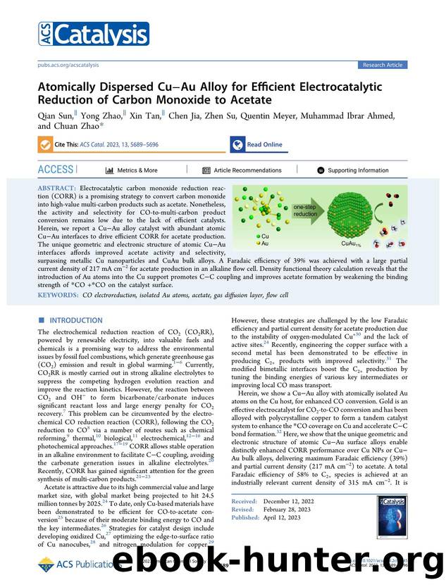 Atomically Dispersed CuâAu Alloy for Efficient Electrocatalytic Reduction of Carbon Monoxide to Acetate by Qian Sun Yong Zhao Xin Tan Chen Jia Zhen Su Quentin Meyer Muhammad Ibrar Ahmed and Chuan Zhao
