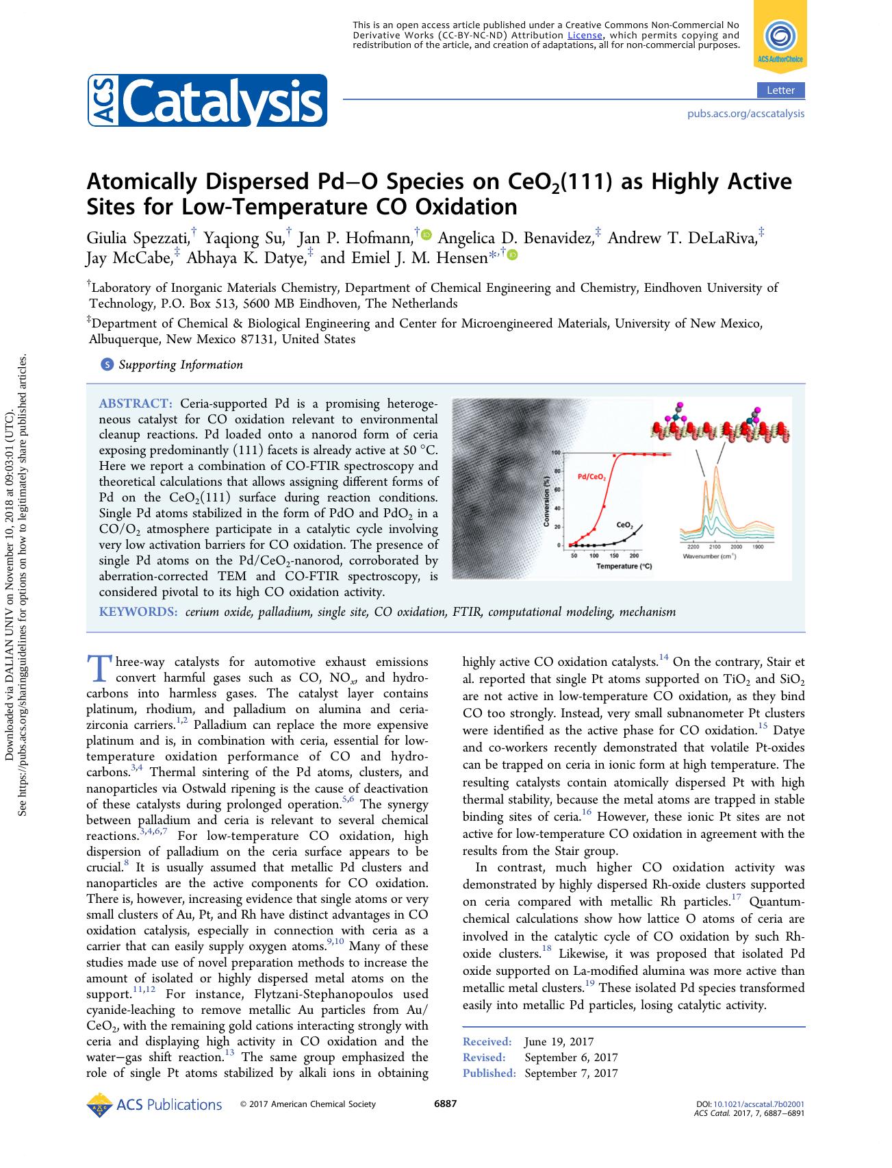 Atomically Dispersed PdâO Species on CeO2(111) as Highly Active Sites for Low-Temperature CO Oxidation by unknow