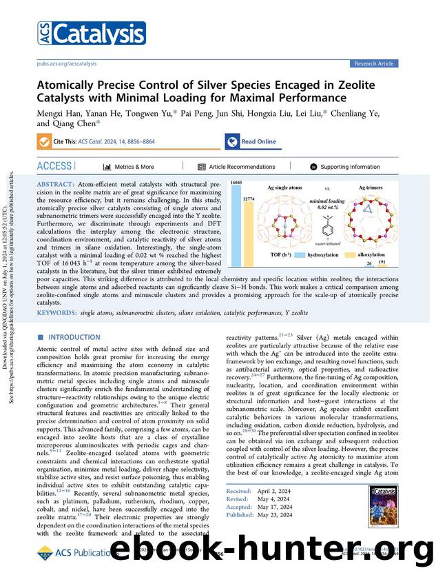 Atomically Precise Control of Silver Species Encaged in Zeolite Catalysts with Minimal Loading for Maximal Performance by Mengxi Han Yanan He Tongwen Yu Pai Peng Jun Shi Hongxia Liu Lei Liu Chenliang Ye & Qiang Chen
