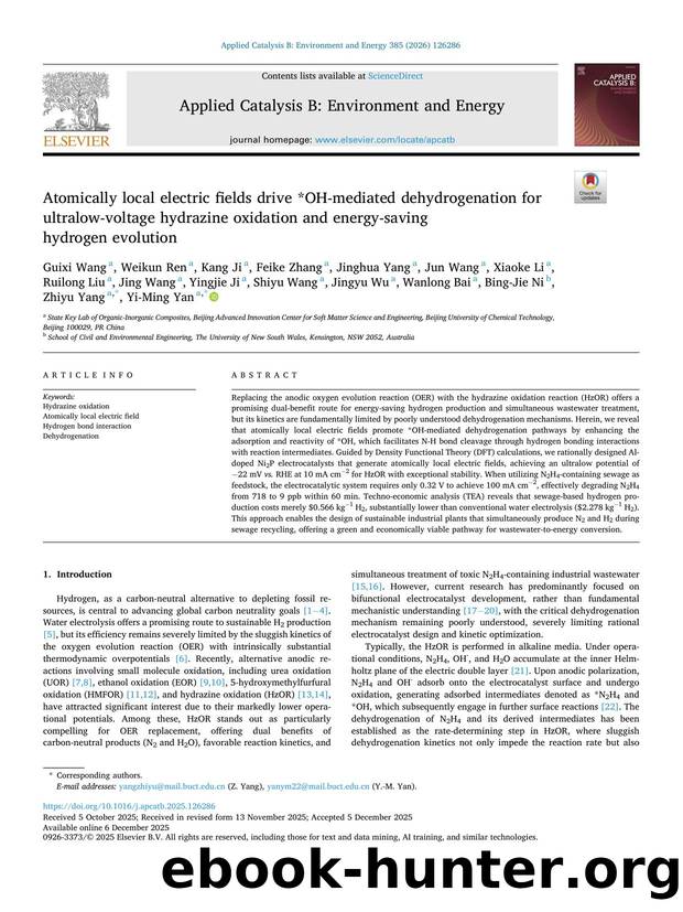 Atomically local electric fields drive *OH-mediated dehydrogenation for ultralow-voltage hydrazine oxidation and energy-saving hydrogen evolution by Guixi Wang